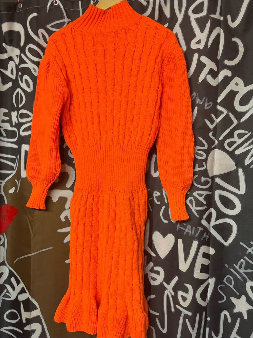 Amazon Bright Orange Cable-Knit Turtleneck Midi Dress